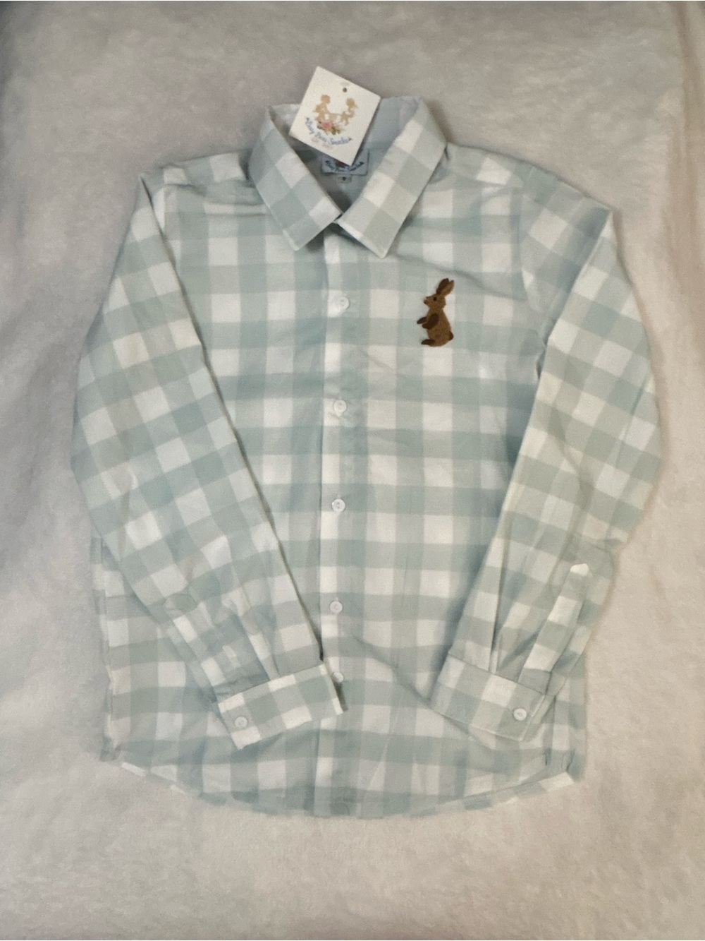 Kids Light Green Check Button-Down Shirt with Bunny Patch